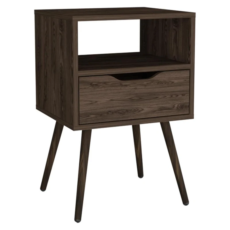 Mesa de Noche Alesio, Chocolate, con Patas en Madera y un Cajón ZF