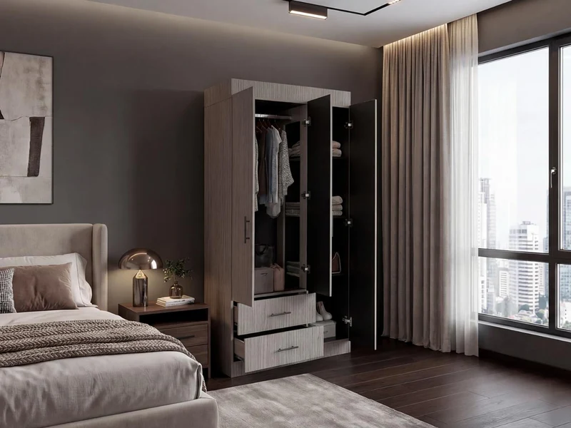Clóset Houston, Positano y Wengue, con Tres Puertas Batientes y Dos Cajones con Amplio Espacio de Almacenamiento