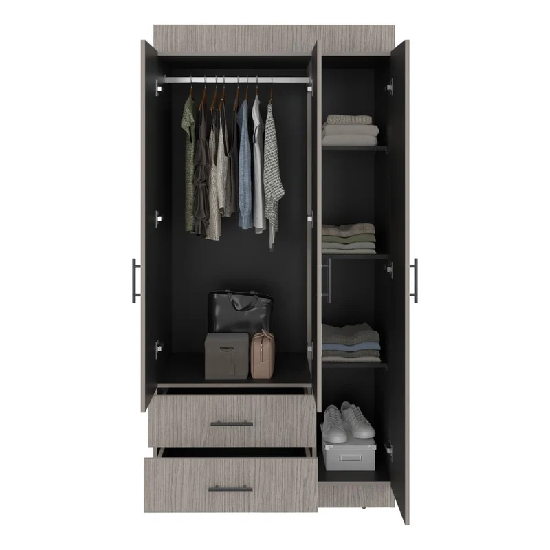 Clóset Houston, Positano y Wengue, con Tres Puertas Batientes y Dos Cajones con Amplio Espacio de Almacenamiento