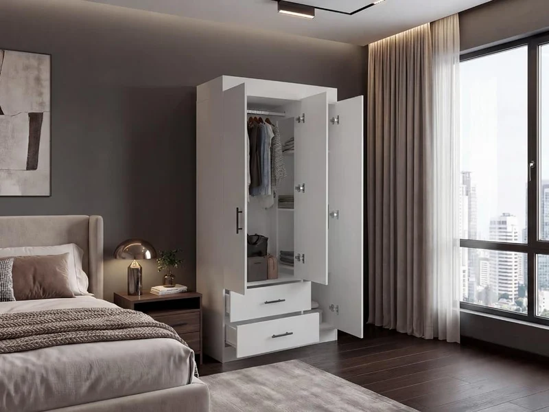 Clóset Houston, Blanco Duqueza, con Tres Puertas Batientes y Dos Cajones con Amplio Espacio de Almacenamiento