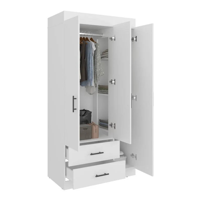 Clóset Houston, Blanco Duqueza, con Tres Puertas Batientes y Dos Cajones con Amplio Espacio de Almacenamiento