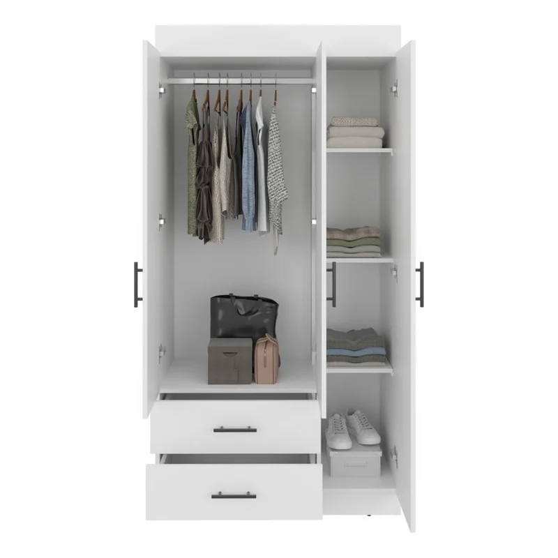 Clóset Houston, Blanco Duqueza, con Tres Puertas Batientes y Dos Cajones con Amplio Espacio de Almacenamiento