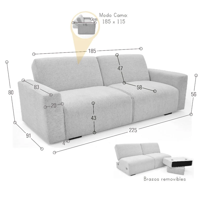 Sofa Cama Boston 225x91x80 cm Con Brazos Removibles Tela Plata