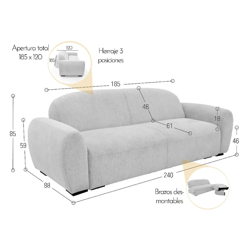 Sofa Cama Auren 240x88x85 cm Con Brazos Removibles Tela Beige