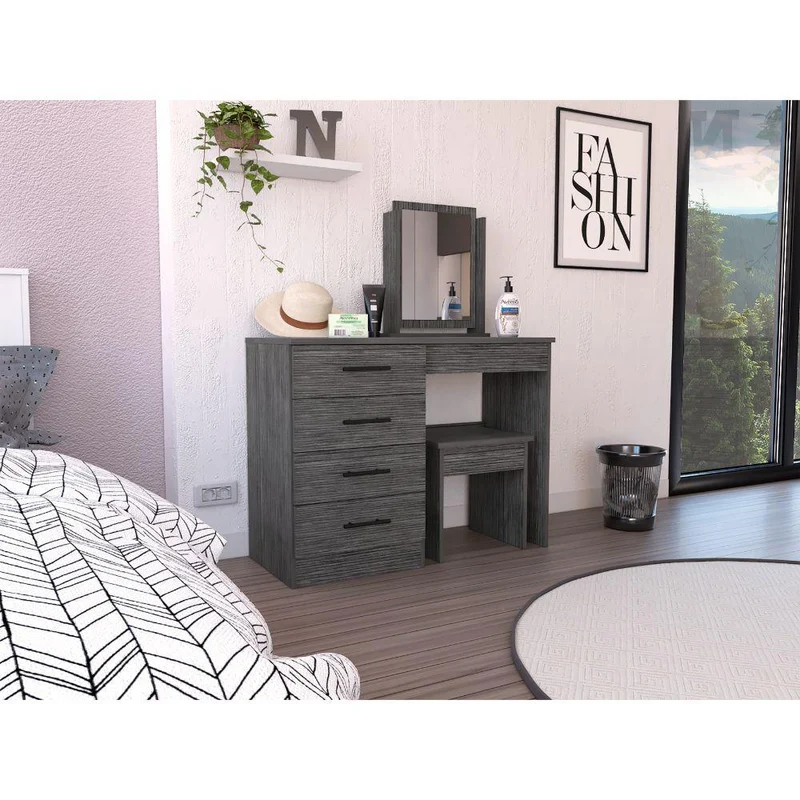 Mueble Tocador Wesley, Gris, con Cuatro Cajones para Ubicar Maquillaje