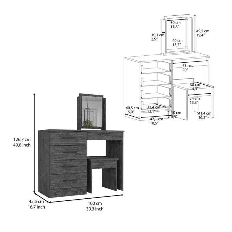 Mueble Tocador Wesley, Gris, con Cuatro Cajones para Ubicar Maquillaje