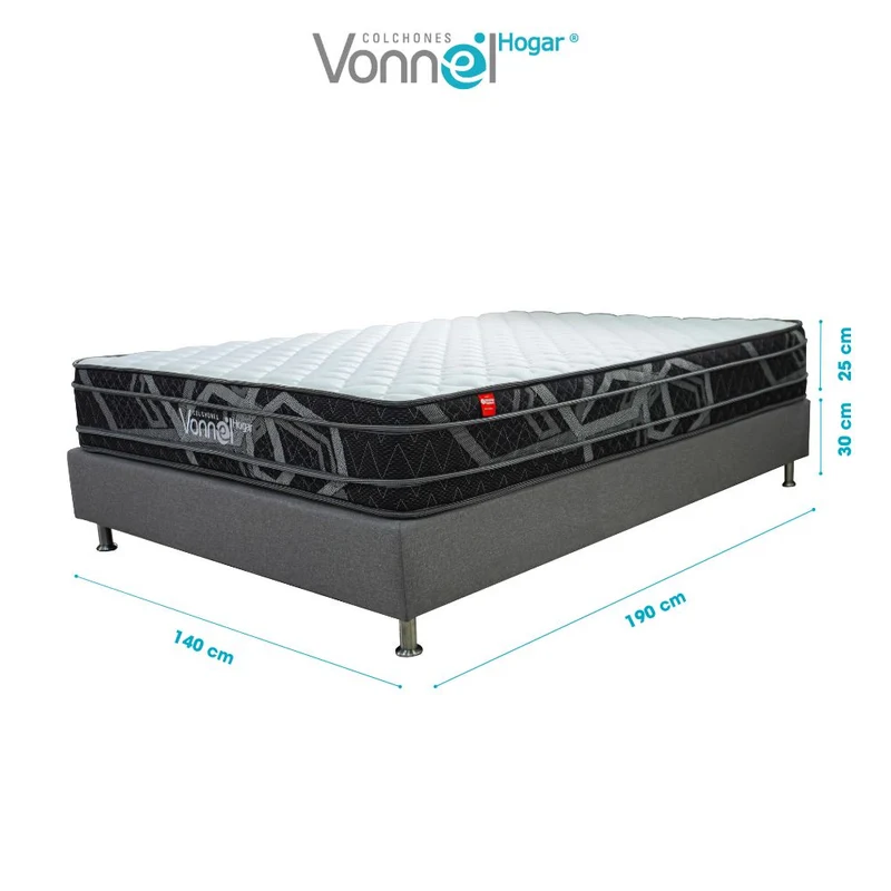 Combo Colchón + Base Cama Marca Vonnel Doble (140 x 190 cm ) Resortado Pl X-S25 Plus
