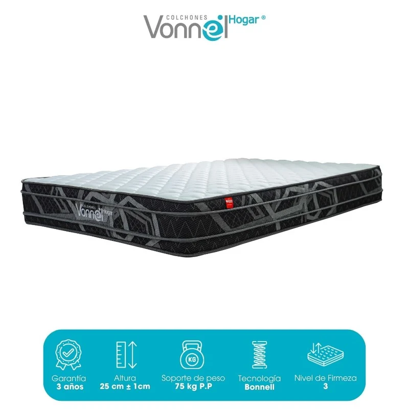 Combo Colchón + Base Cama Marca Vonnel Doble (140 x 190 cm ) Resortado Pl X-S25 Plus