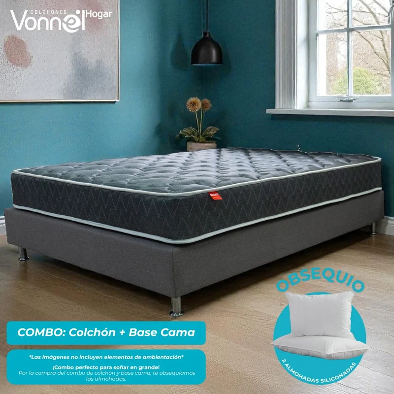 Combo Colchón + Base Cama Marca Vonnel Doble (140 x 190 cm ) Resortado Ortopedic