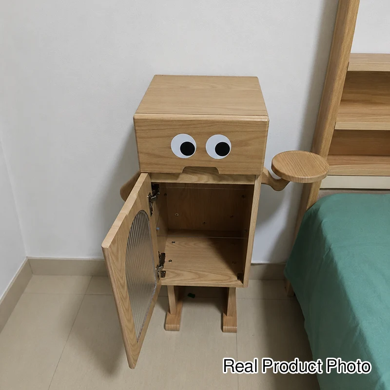 Contemporary Creative Robot Square Rubberwood Glass Metal Nightstand 1-Cabinet For Bedroom