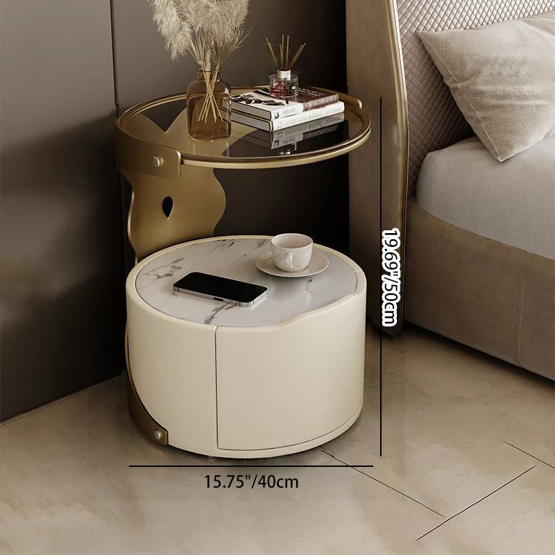 Contemporary Nordic Cylindrical Round Microfiber Leather Carbon Steel Plywood Stone Slab Glass Nightstand 1 - Drawer For Bedroom