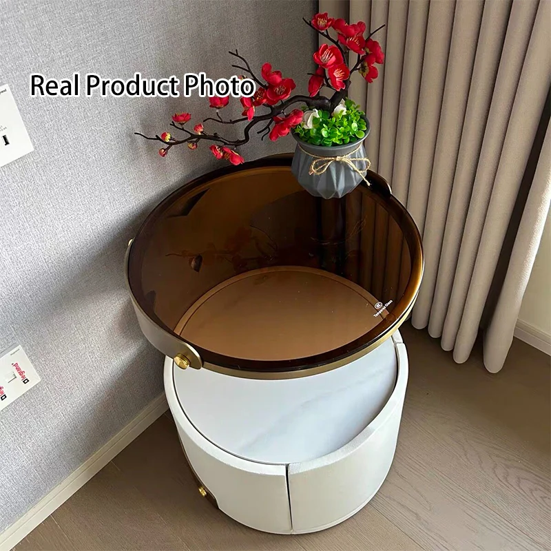 Contemporary Nordic Cylindrical Round Microfiber Leather Carbon Steel Plywood Stone Slab Glass Nightstand 1 - Drawer For Bedroom