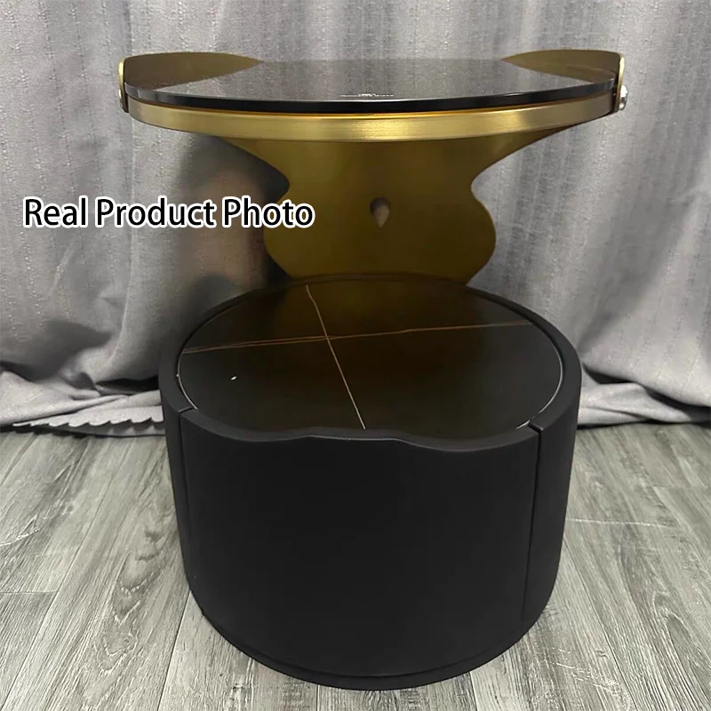 Contemporary Nordic Cylindrical Round Microfiber Leather Carbon Steel Plywood Stone Slab Glass Nightstand 1 - Drawer For Bedroom