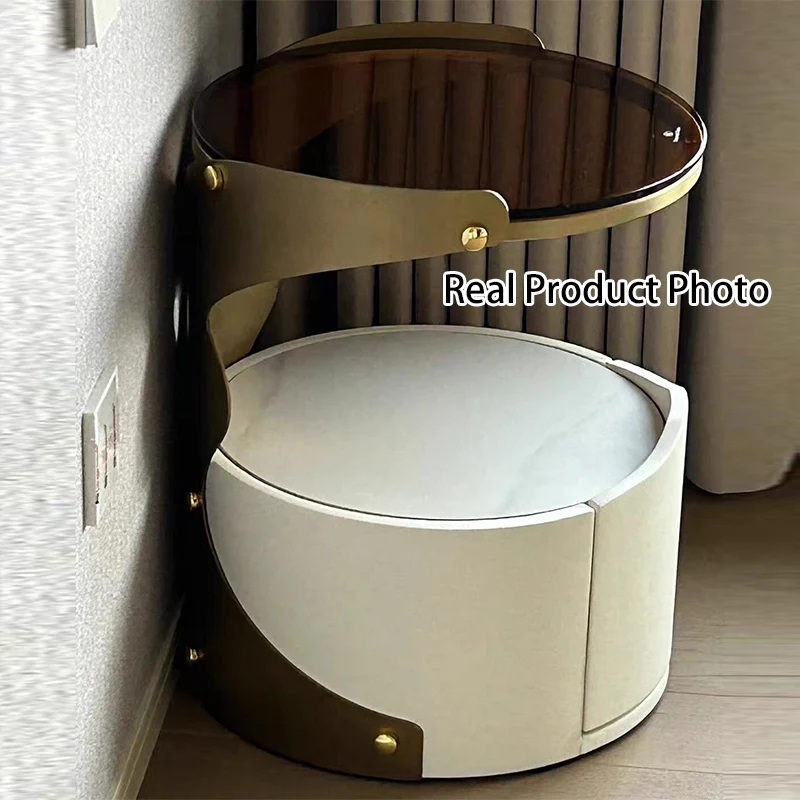 Contemporary Nordic Cylindrical Round Microfiber Leather Carbon Steel Plywood Stone Slab Glass Nightstand 1 - Drawer For Bedroom