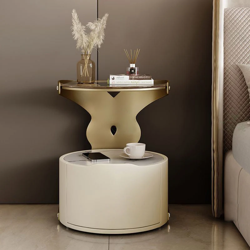 Contemporary Nordic Cylindrical Round Microfiber Leather Carbon Steel Plywood Stone Slab Glass Nightstand 1 - Drawer For Bedroom