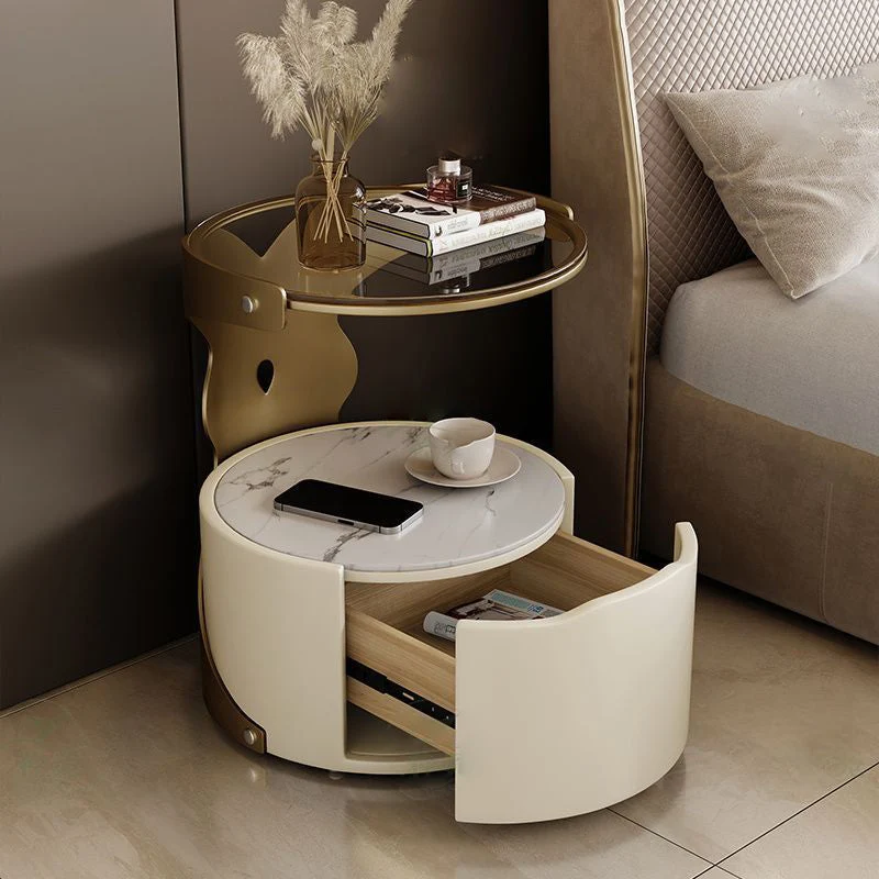 Contemporary Nordic Cylindrical Round Microfiber Leather Carbon Steel Plywood Stone Slab Glass Nightstand 1 - Drawer For Bedroom