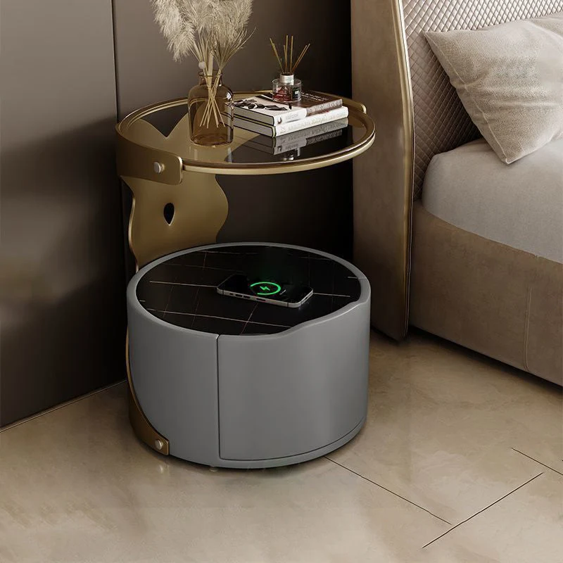 Contemporary Nordic Cylindrical Round Microfiber Leather Carbon Steel Plywood Stone Slab Glass Nightstand 1 - Drawer For Bedroom
