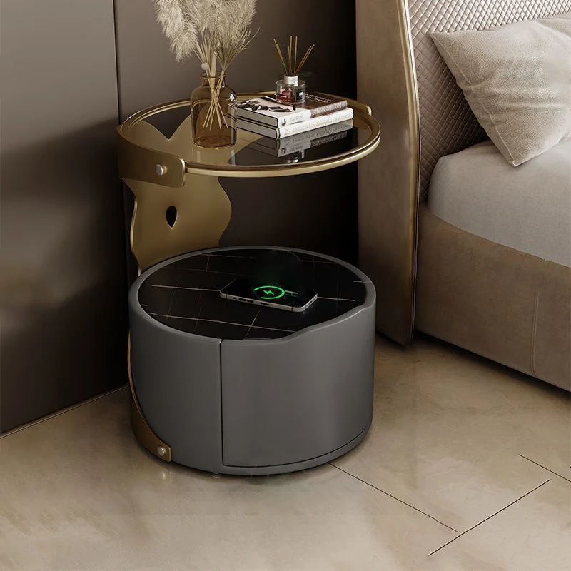 Contemporary Nordic Cylindrical Round Microfiber Leather Carbon Steel Plywood Stone Slab Glass Nightstand 1 - Drawer For Bedroom