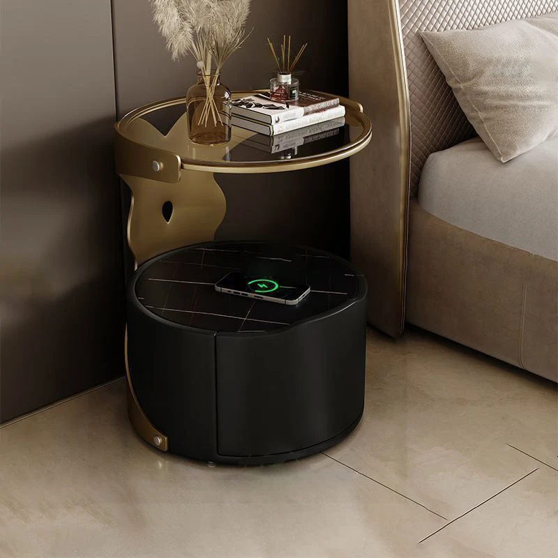 Contemporary Nordic Cylindrical Round Microfiber Leather Carbon Steel Plywood Stone Slab Glass Nightstand 1 - Drawer For Bedroom