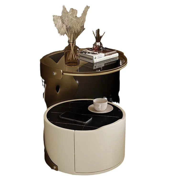 Contemporary Nordic Cylindrical Round Microfiber Leather Carbon Steel Plywood Stone Slab Glass Nightstand 1 - Drawer For Bedroom