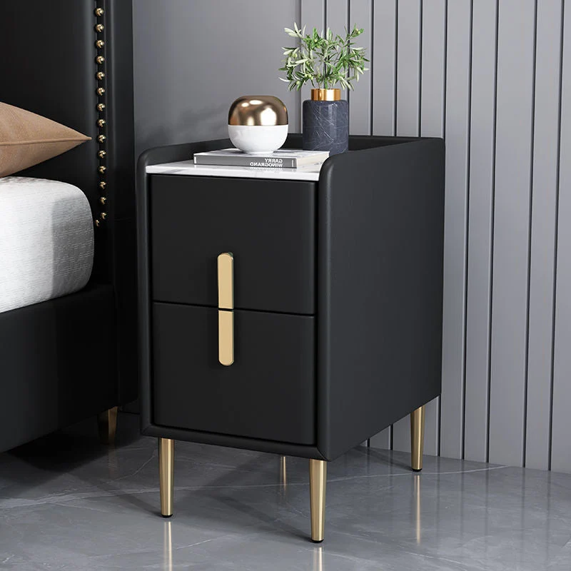 Contemporary Nordic Rectangular Pine Carbon Steel Engineered Wood Slab Stone Faux Leather Nightstand 2 - Drawer For Bedroom