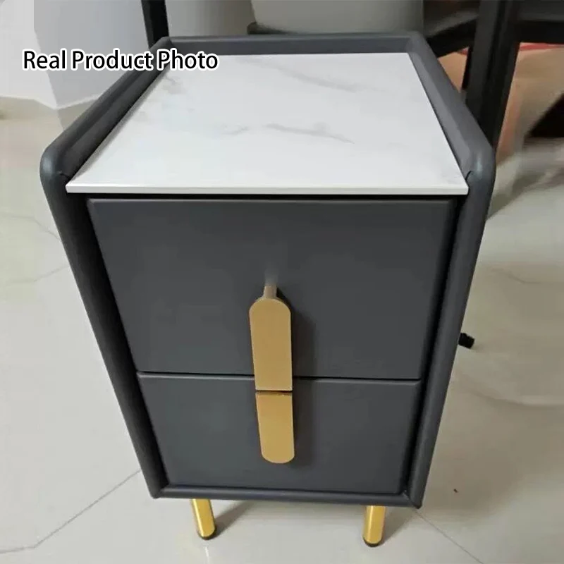 Contemporary Nordic Rectangular Pine Carbon Steel Engineered Wood Slab Stone Faux Leather Nightstand 2 - Drawer For Bedroom