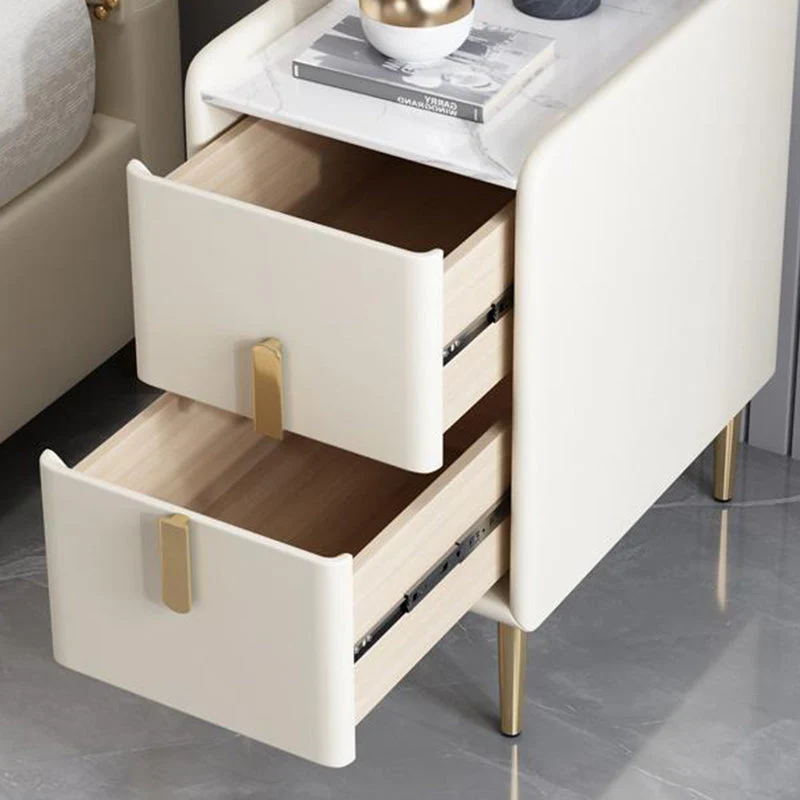 Contemporary Nordic Rectangular Pine Carbon Steel Engineered Wood Slab Stone Faux Leather Nightstand 2 - Drawer For Bedroom