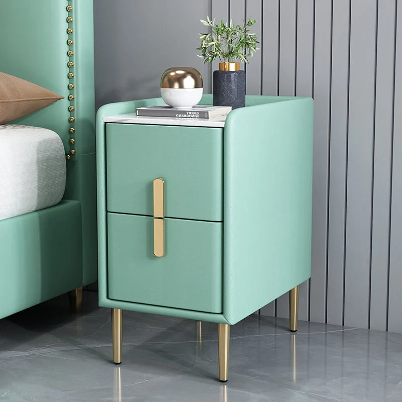 Contemporary Nordic Rectangular Pine Carbon Steel Engineered Wood Slab Stone Faux Leather Nightstand 2 - Drawer For Bedroom