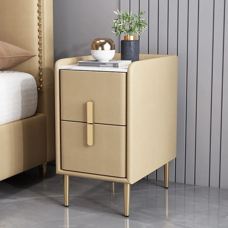 Contemporary Nordic Rectangular Pine Carbon Steel Engineered Wood Slab Stone Faux Leather Nightstand 2 - Drawer For Bedroom