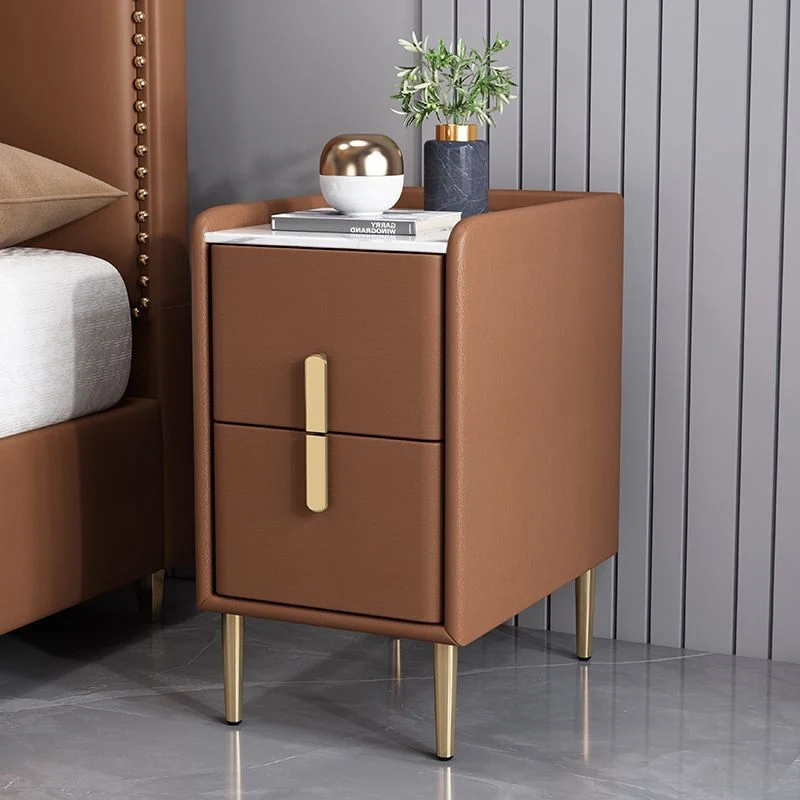 Contemporary Nordic Rectangular Pine Carbon Steel Engineered Wood Slab Stone Faux Leather Nightstand 2 - Drawer For Bedroom