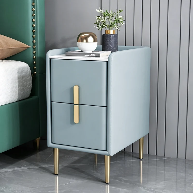 Contemporary Nordic Rectangular Pine Carbon Steel Engineered Wood Slab Stone Faux Leather Nightstand 2 - Drawer For Bedroom