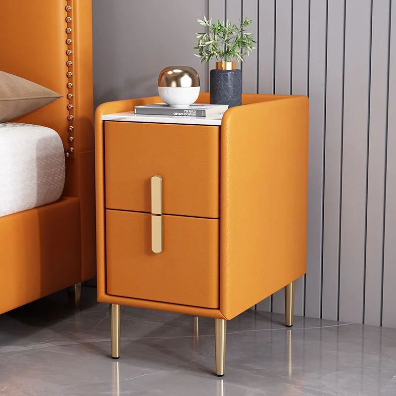 Contemporary Nordic Rectangular Pine Carbon Steel Engineered Wood Slab Stone Faux Leather Nightstand 2 - Drawer For Bedroom