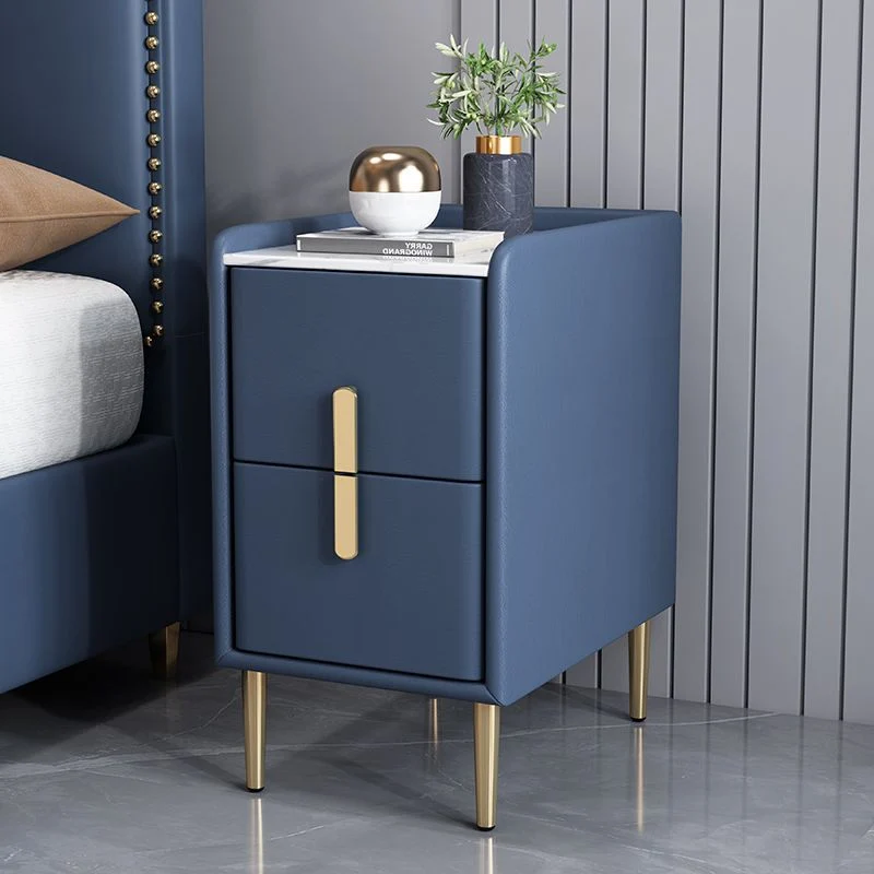 Contemporary Nordic Rectangular Pine Carbon Steel Engineered Wood Slab Stone Faux Leather Nightstand 2 - Drawer For Bedroom