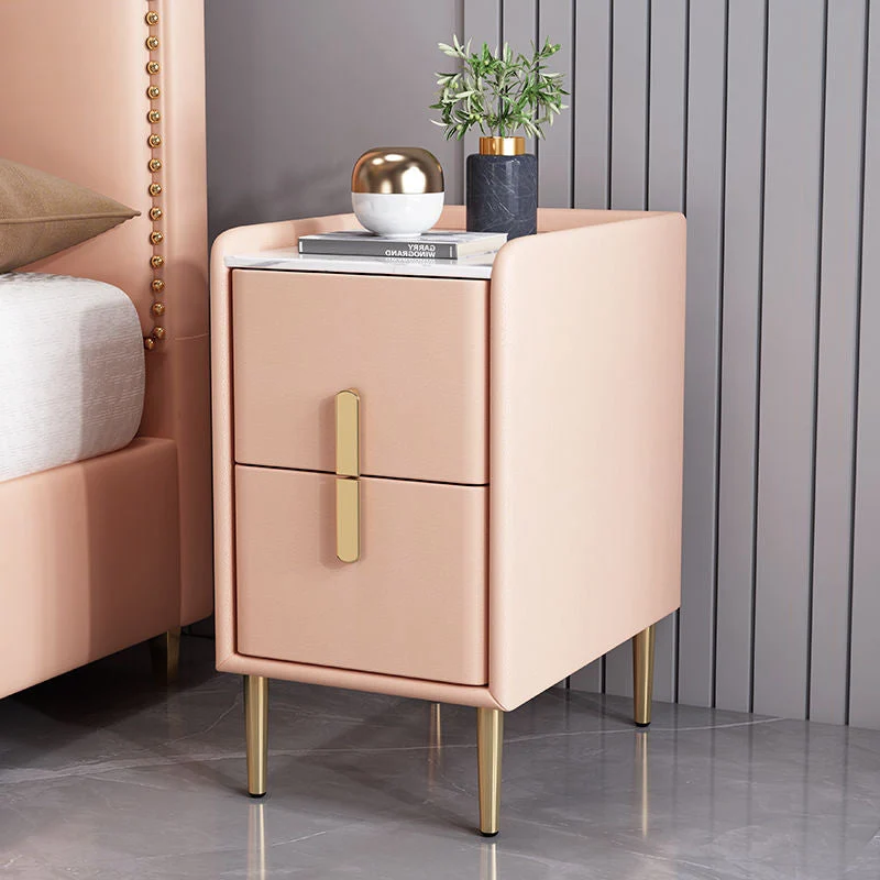 Contemporary Nordic Rectangular Pine Carbon Steel Engineered Wood Slab Stone Faux Leather Nightstand 2 - Drawer For Bedroom