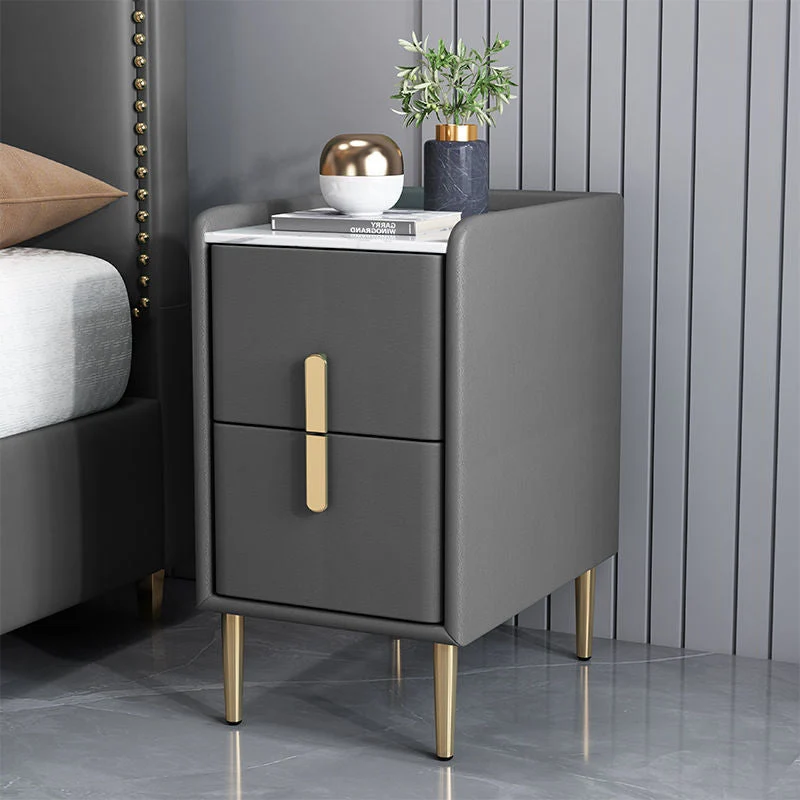 Contemporary Nordic Rectangular Pine Carbon Steel Engineered Wood Slab Stone Faux Leather Nightstand 2 - Drawer For Bedroom