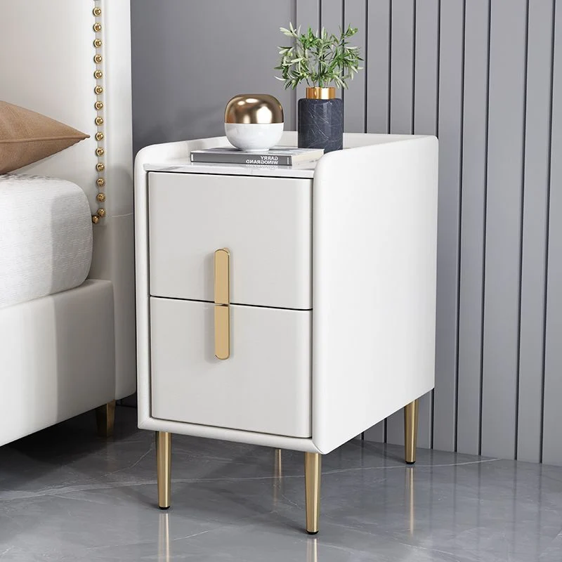 Contemporary Nordic Rectangular Pine Carbon Steel Engineered Wood Slab Stone Faux Leather Nightstand 2 - Drawer For Bedroom