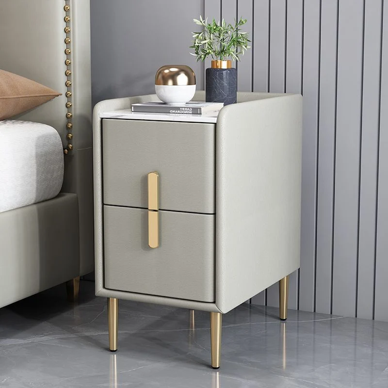 Contemporary Nordic Rectangular Pine Carbon Steel Engineered Wood Slab Stone Faux Leather Nightstand 2 - Drawer For Bedroom