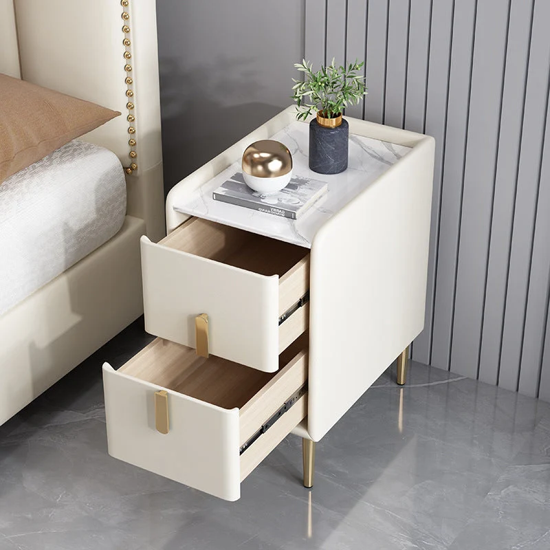 Contemporary Nordic Rectangular Pine Carbon Steel Engineered Wood Slab Stone Faux Leather Nightstand 2 - Drawer For Bedroom
