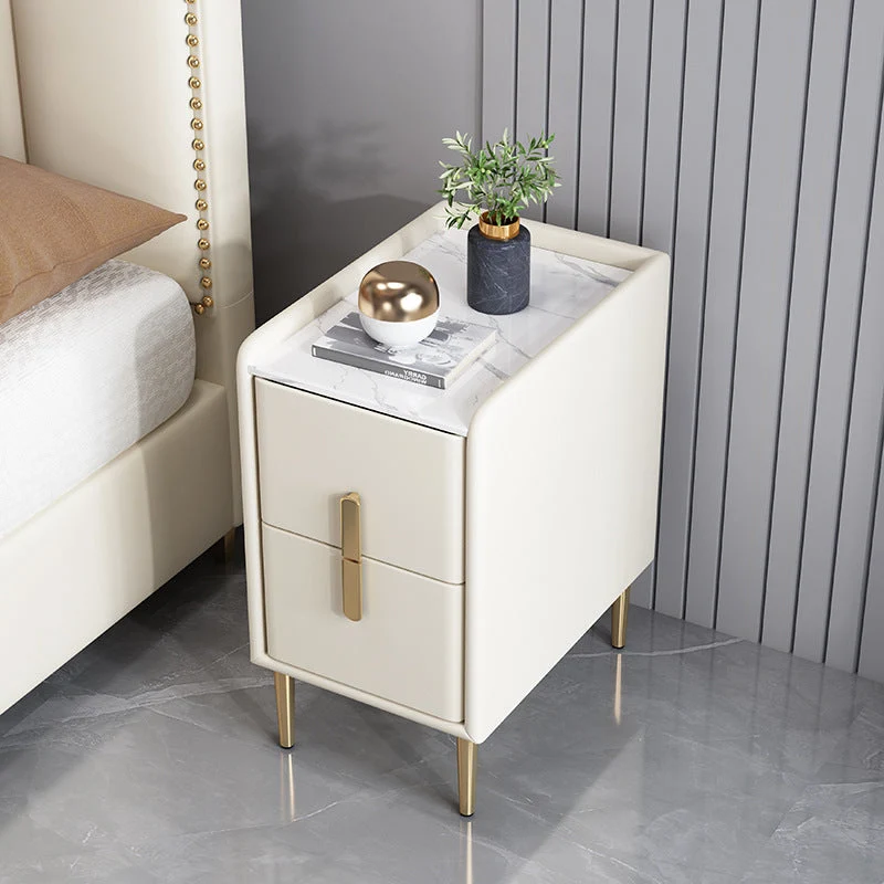 Contemporary Nordic Rectangular Pine Carbon Steel Engineered Wood Slab Stone Faux Leather Nightstand 2 - Drawer For Bedroom
