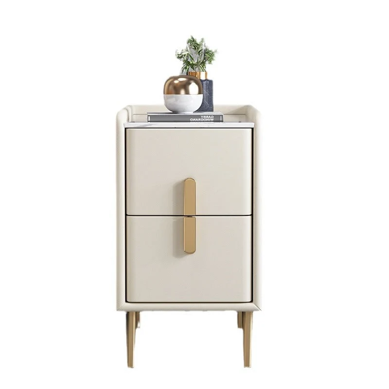 Contemporary Nordic Rectangular Pine Carbon Steel Engineered Wood Slab Stone Faux Leather Nightstand 2 - Drawer For Bedroom