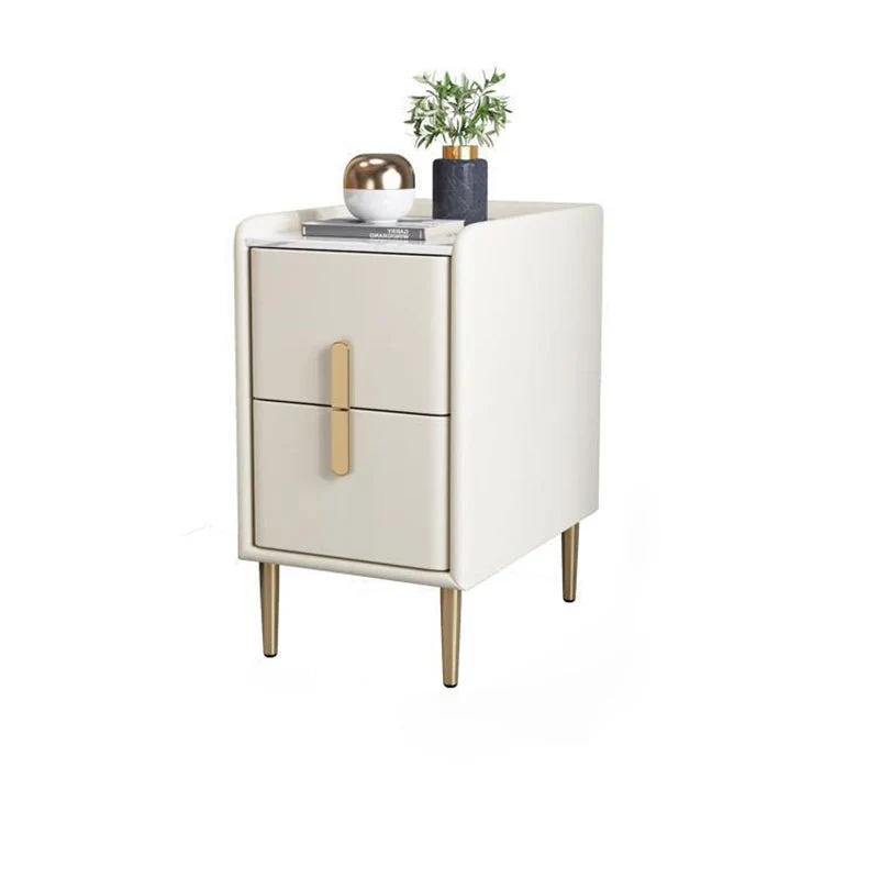 Contemporary Nordic Rectangular Pine Carbon Steel Engineered Wood Slab Stone Faux Leather Nightstand 2 - Drawer For Bedroom