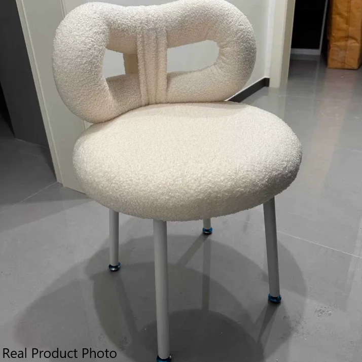 Contemporary Creative Round Upholstered Bow Sherpa Fabric Iron Plywood Vanity Stool Backrest For Bedroom