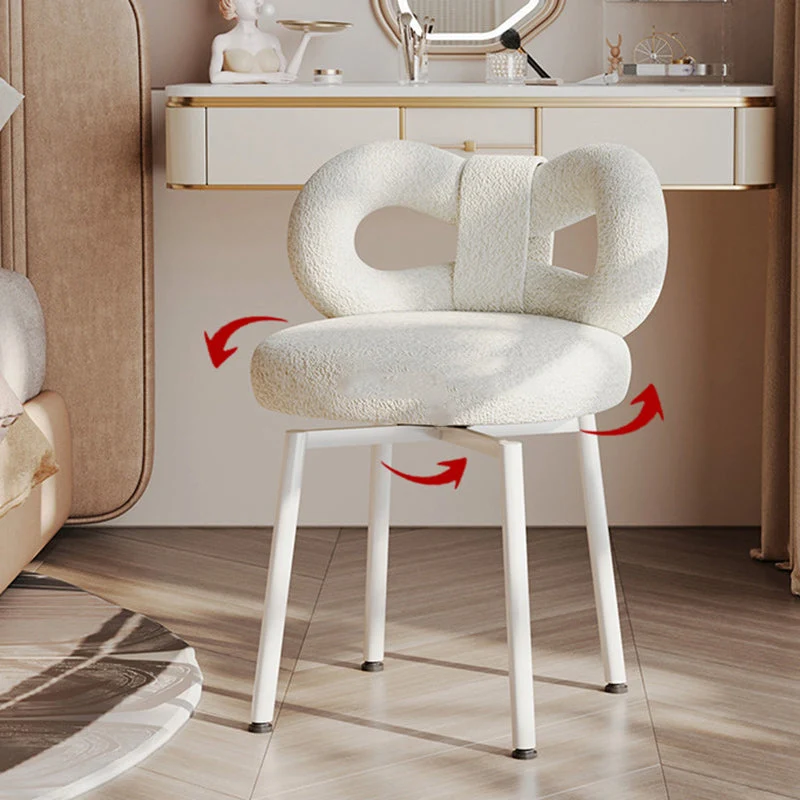 Contemporary Creative Round Upholstered Bow Sherpa Fabric Iron Plywood Vanity Stool Backrest For Bedroom