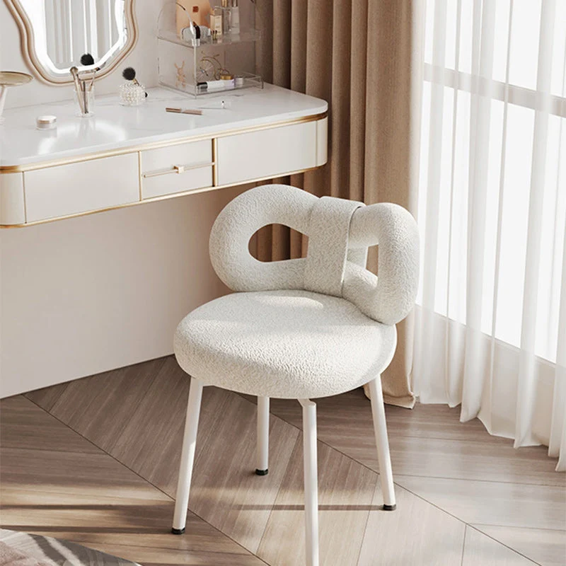 Contemporary Creative Round Upholstered Bow Sherpa Fabric Iron Plywood Vanity Stool Backrest For Bedroom