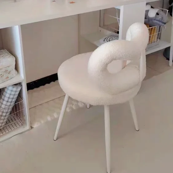 Contemporary Creative Round Upholstered Bow Sherpa Fabric Iron Plywood Vanity Stool Backrest For Bedroom