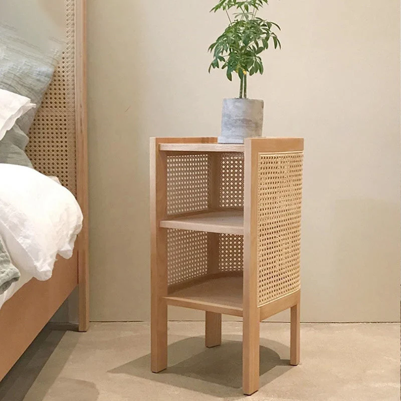 Traditional Japanese Half Oval Solid Wood & Plywood Rattan Weaving Nightstand 3-Tier For Bedroom