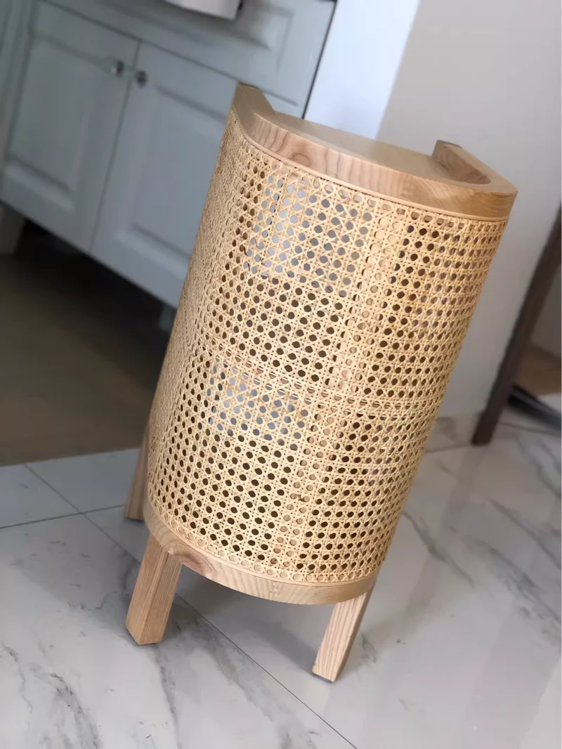 Traditional Japanese Half Oval Solid Wood & Plywood Rattan Weaving Nightstand 3-Tier For Bedroom
