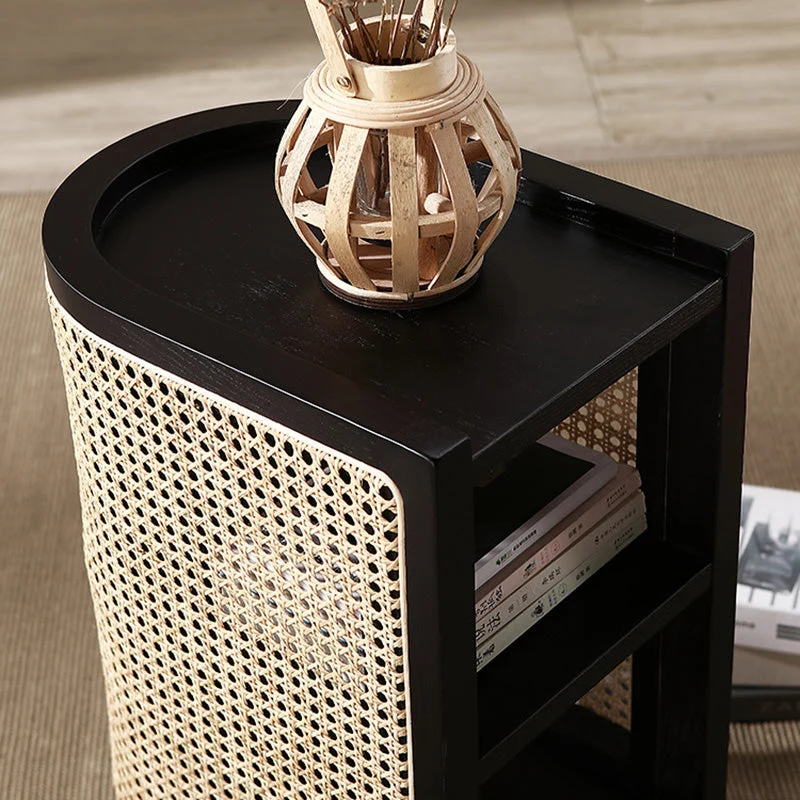 Traditional Japanese Half Oval Solid Wood & Plywood Rattan Weaving Nightstand 3-Tier For Bedroom
