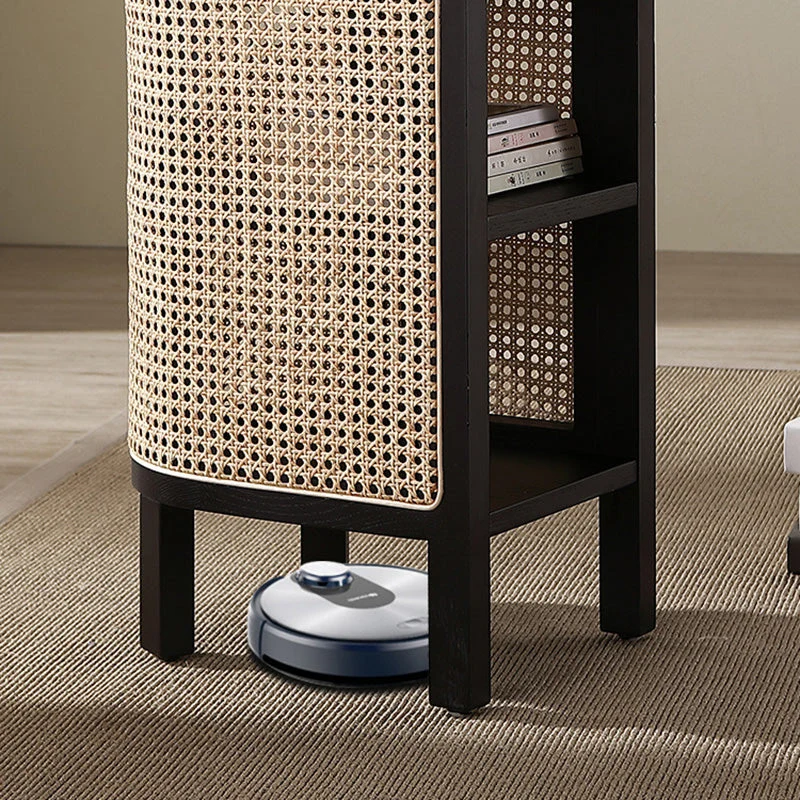 Traditional Japanese Half Oval Solid Wood & Plywood Rattan Weaving Nightstand 3-Tier For Bedroom