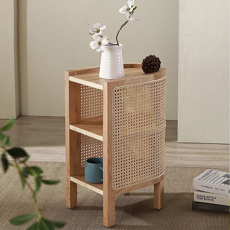 Traditional Japanese Half Oval Solid Wood & Plywood Rattan Weaving Nightstand 3-Tier For Bedroom